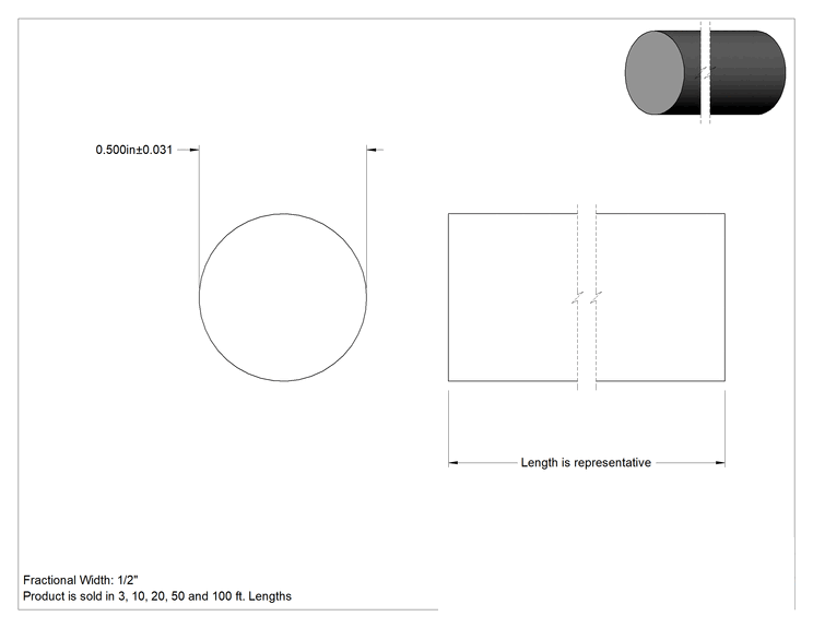 Teknik Çizim - Mil. Spec. Yüksek Sıcaklık Silikon Kord Profil, 0.5" Genişlik