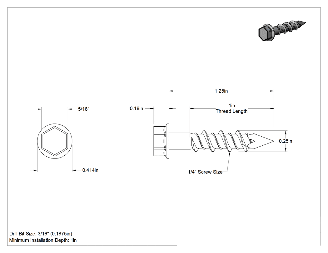 Teknik Çizim - Duvar ve Beton için 410 Paslanmaz Çelik Kılavuzlu Vida, Altıgen Pul Başlığı, 1/4" Vida Boyutu, 1-1/4" Uzunluk