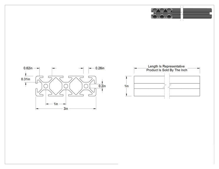 Teknik Çizim - T-Yivli Çerçeve Rayı, Üçlü Ray, Gümüş, 3" Yükseklik x 1" Genişlik