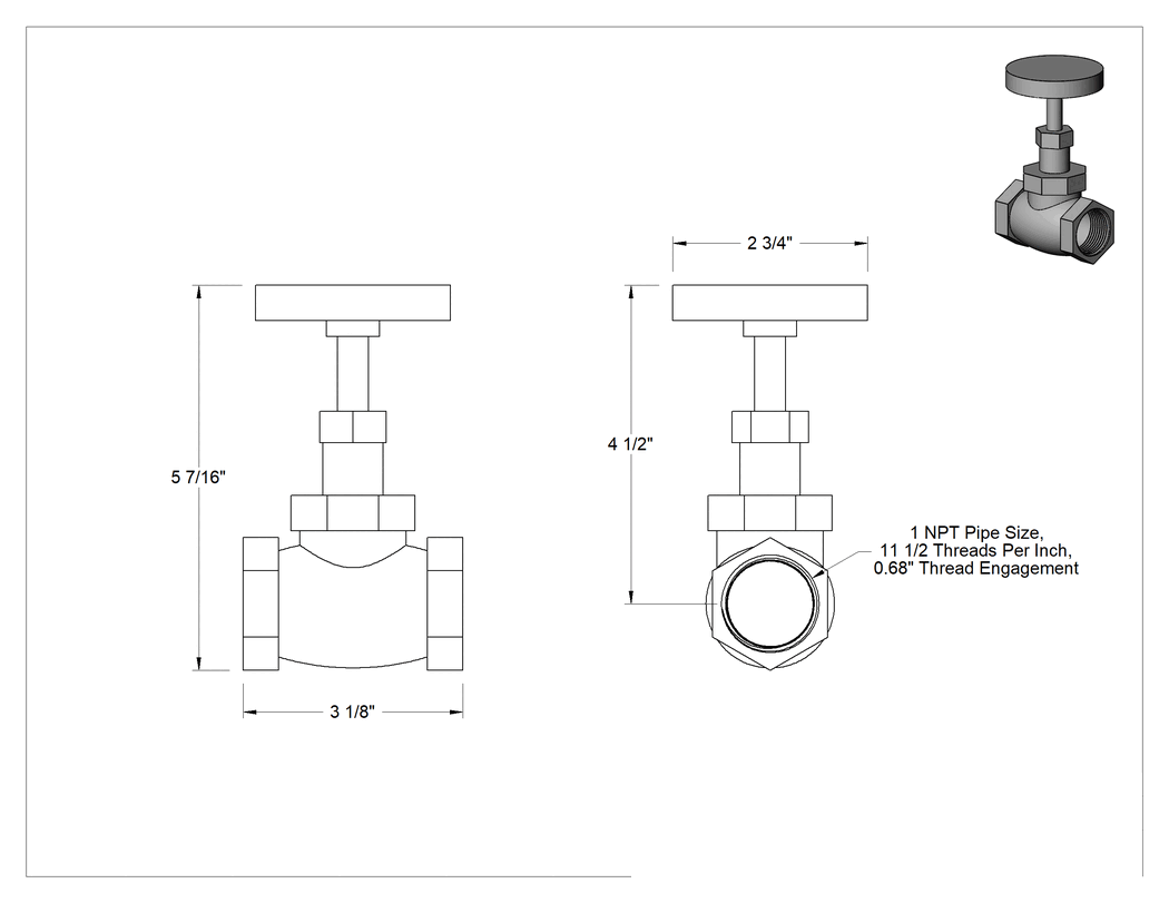 Teknik Çizim - Düşük Basınçlı Bronz Akış Ayar Valfi, Su için, 1 NPT Dişi