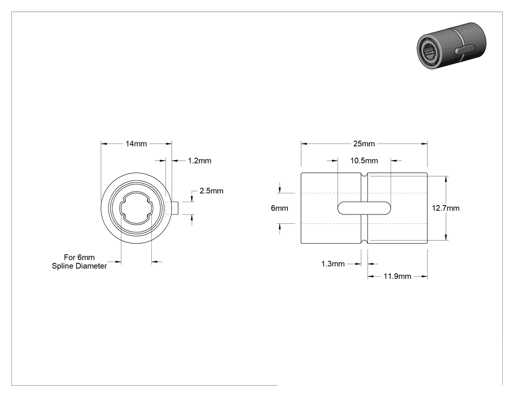 Teknik Çizim - 6 mm Çaplı Çelik Bilyalı Yiv için Çelik Lineer Bilyalı Rulman