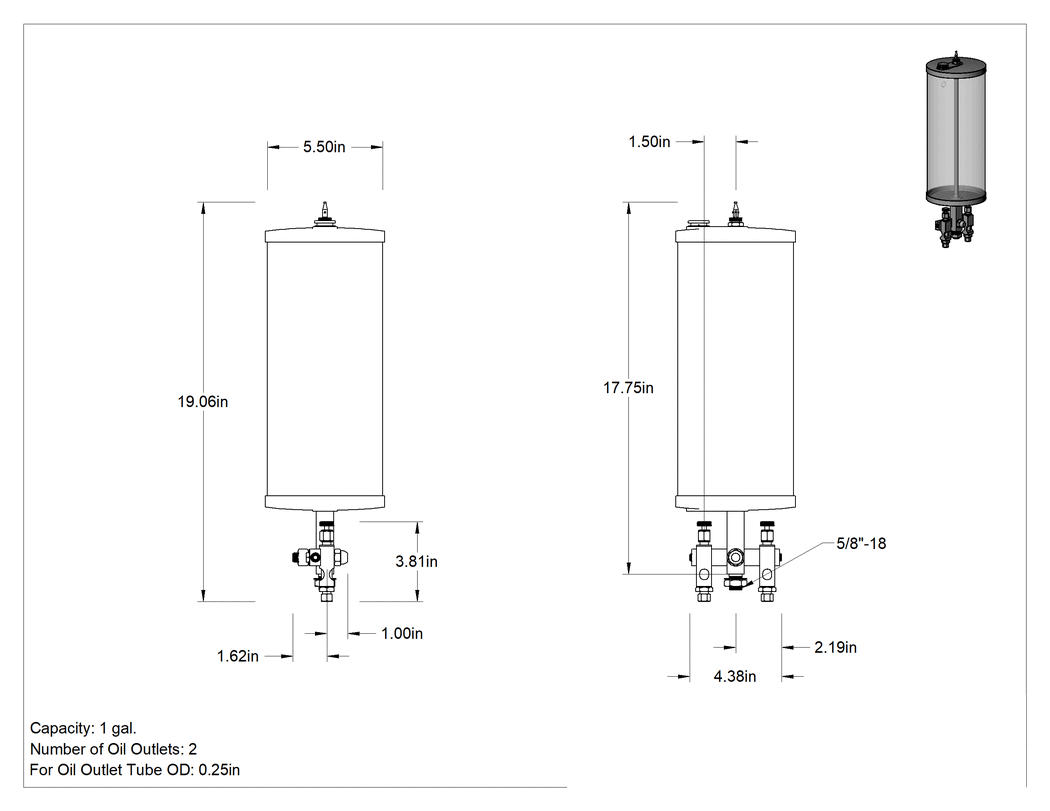Teknik Çizim - Akış Ayar Valfli Yağ Dağıtıcı, 2 Çıkış, 128 oz. Kapasite