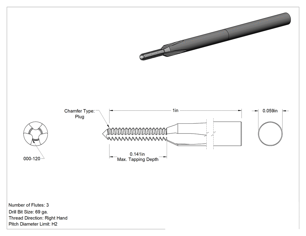 Teknik Çizim - Minyatür Kılavuz, TiN Kaplamalı HSS000-120 Diş Boyutu, 9/64" Diş Uzunluğu