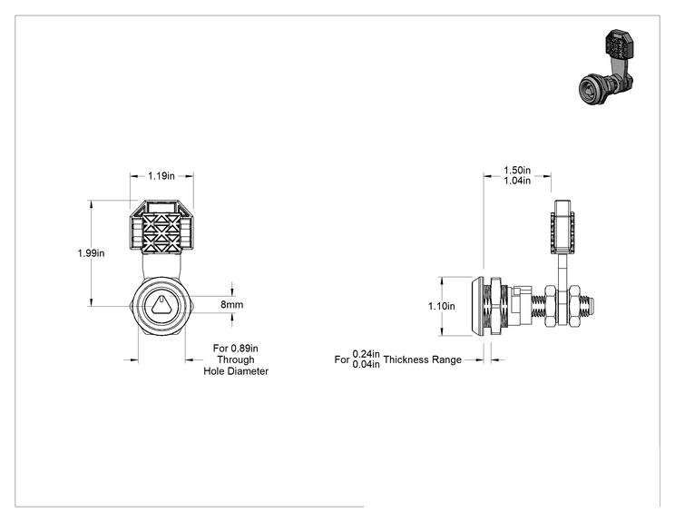Teknik Çizim - Elektronik Durum Göstergeli Kam Kilidi, Üçgen Tahrik, Siyah Toz Boya Kaplı Çinko, Üst Mıknatıs