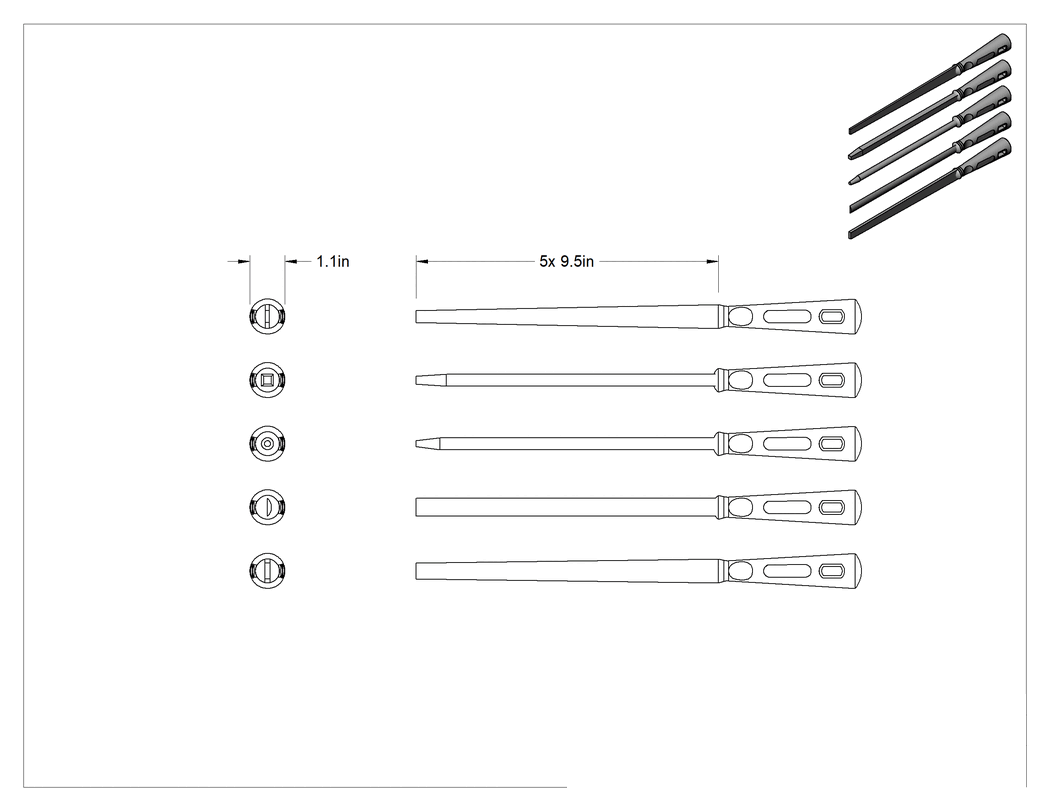 Teknik Çizim - 5 Parçalı Törpü Seti, 8" Uzunluk, Kauçuk Sap, Siyah Oksit
