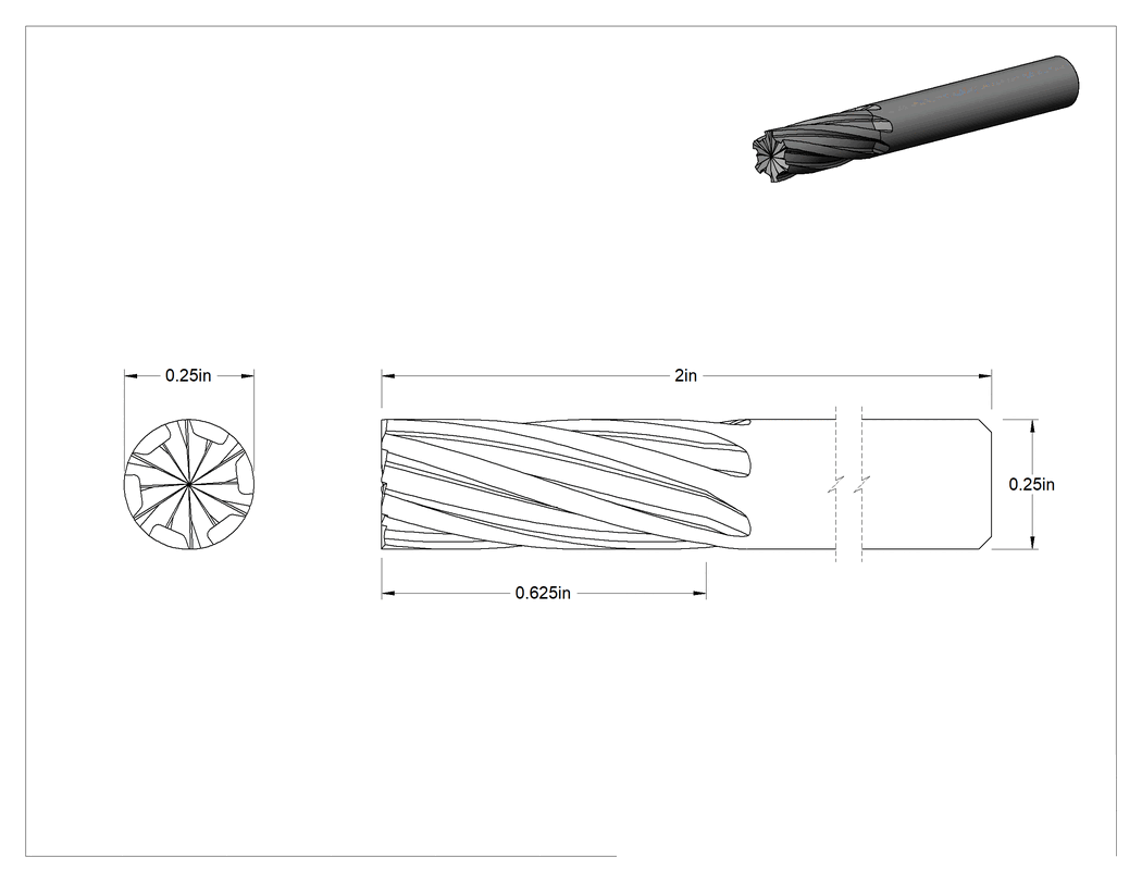Teknik Çizim - Yumuşak Metaller ve Plastikler için Karbür Frez, Düz Kesici Silindir, 1/4" Baş Çapı