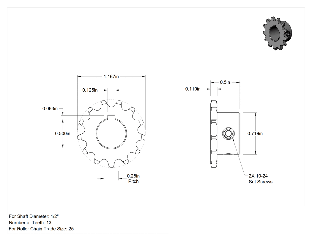 Teknik Çizim - Çelik Tek Sıralı Dişli, ANSI 25 Makaralı Zincir ve 1/2" Mil Çapı için, 13 Diş