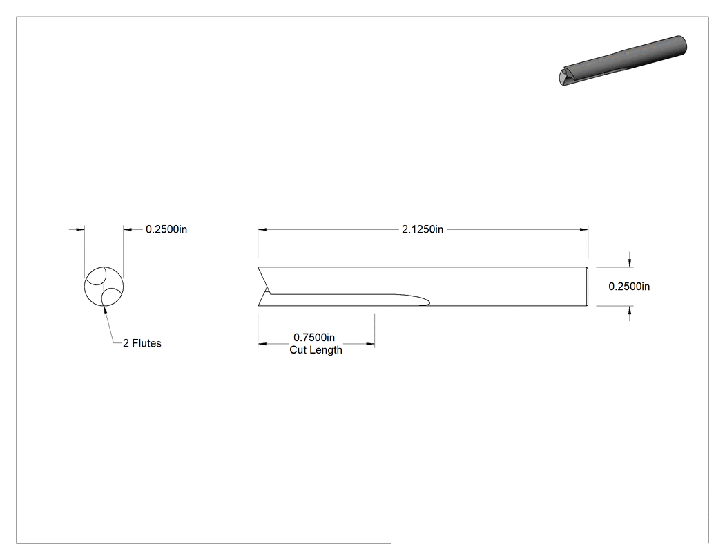 Teknik Çizim - Plastik için Freze Ucu, Yüksek Hızlı Çelik, Düz Yivler, 1/4" Kesme Çapı, 3/4" Uzunluğunda Kesim