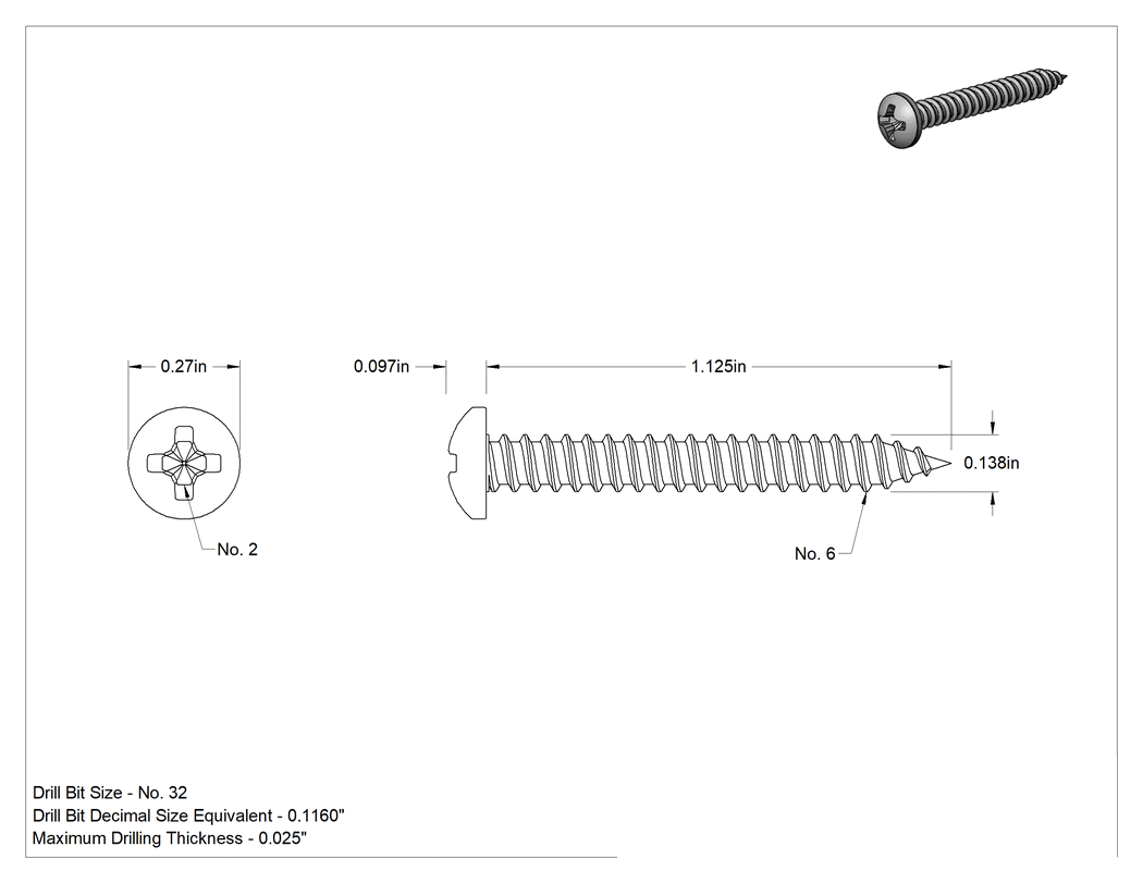 Teknik Çizim - Sac Metal için Phillips Yuvarlak Başlı Vidalar, 18-8 Paslanmaz Çelik, Numara 6 Vida Boyutu, 1-1/8" Uzunluk