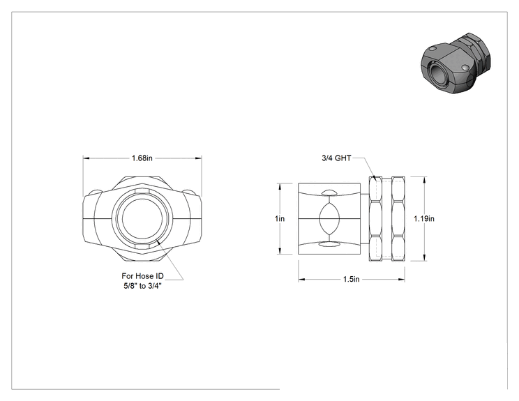 Teknik Çizim - Tırnaklı Bahçe Hortumu Takılabilir Bağlantı Parçası, 5/8" - 3/4" Hortum İç Çapı x 3/4 GHT Dişi için Çinko Adaptör
