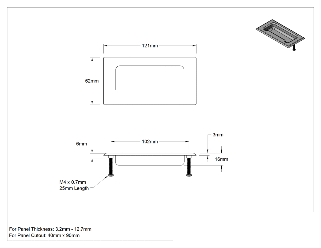 Teknik Çizim - Gömme Çekme Kolu, M4 x 0.7 mm Dişli Delikli 304 Paslanmaz Çelik
