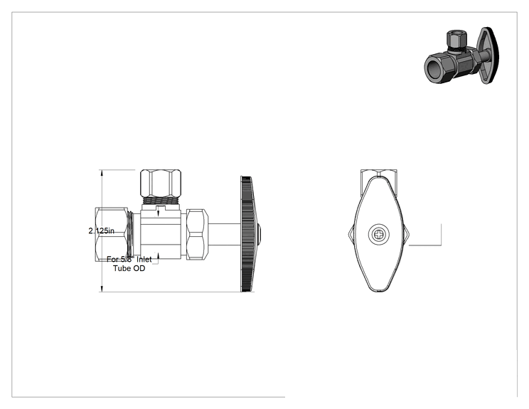 Teknik Çizim - Sıhhi Tesisat Armatürleri için Kesme Vanası, 5/8" Dış Çaplı Girişli ve 3/8" Dış Çaplı Çıkışlı Dirsek