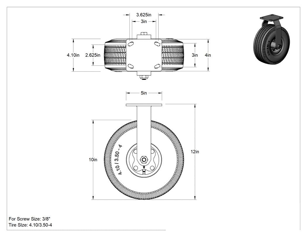 Teknik Çizim - 4-1/2" x 4" Plakalı Tekerlek, Sabit, 10" Çapında Siyah Kauçuk Pnömatik Tekerlekli