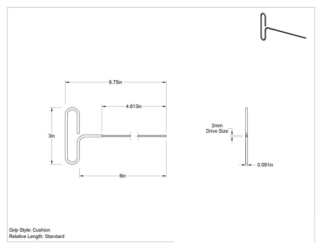 Teknik Çizim - Yastıklı Tutamaklı Döngü T-Saplı Altıgen Anahtar, 2 mm Tahrik Boyutu, 6-5/8" Toplam Uzunluk