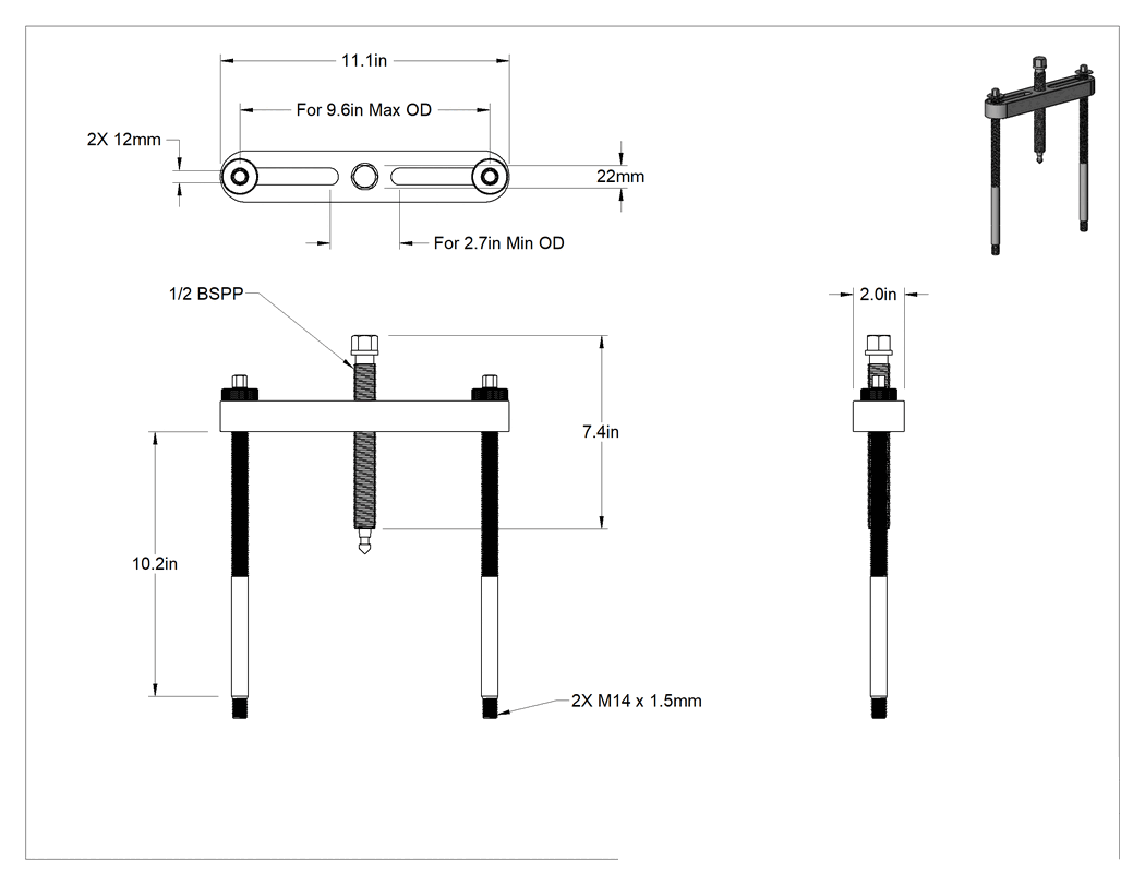 Teknik Çizim - Yüz Tutuşlu Çekici, 2-3/4" ila 9-1/2" Dış Çap için