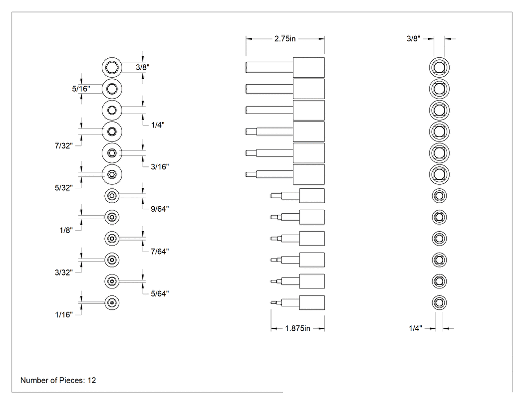 Teknik Çizim - 12 Parça Altıgen Uçlu Lokma Anahtar Seti, 1/4" ve 3/8" Kare Tahrik