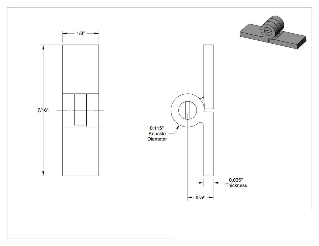 Teknik Çizim - Minyatür Menteşe, Pirinç, Çıkarılamayan Pim, 1/8" x 7/32" Kapı Kanadı