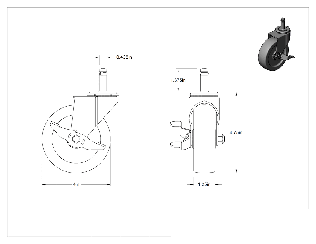 Teknik Çizim - Tutuş Halkalı Sürtünmeli Tutuşlu Saplı Tekerlek, Frenli ve 4" Çapında 80D Kauçuk Tekerlekli Döner Tekerlek