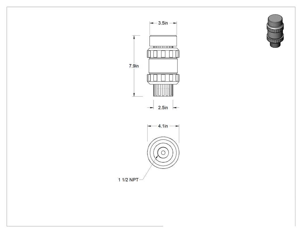 Teknik Çizim - Kimyasallar için Vakum Kesici, Yaylı Piston, CPVC Gövde, 1-1/2 NPT Dişi