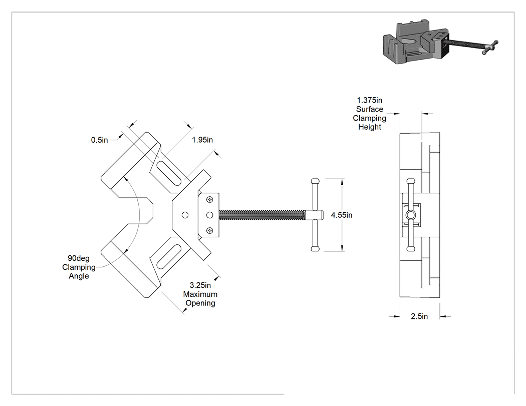 Teknik Çizim - Ağır Hizmet Tipi Köşe Kelepçesi, 0" ila 3-1/4" Açıklık