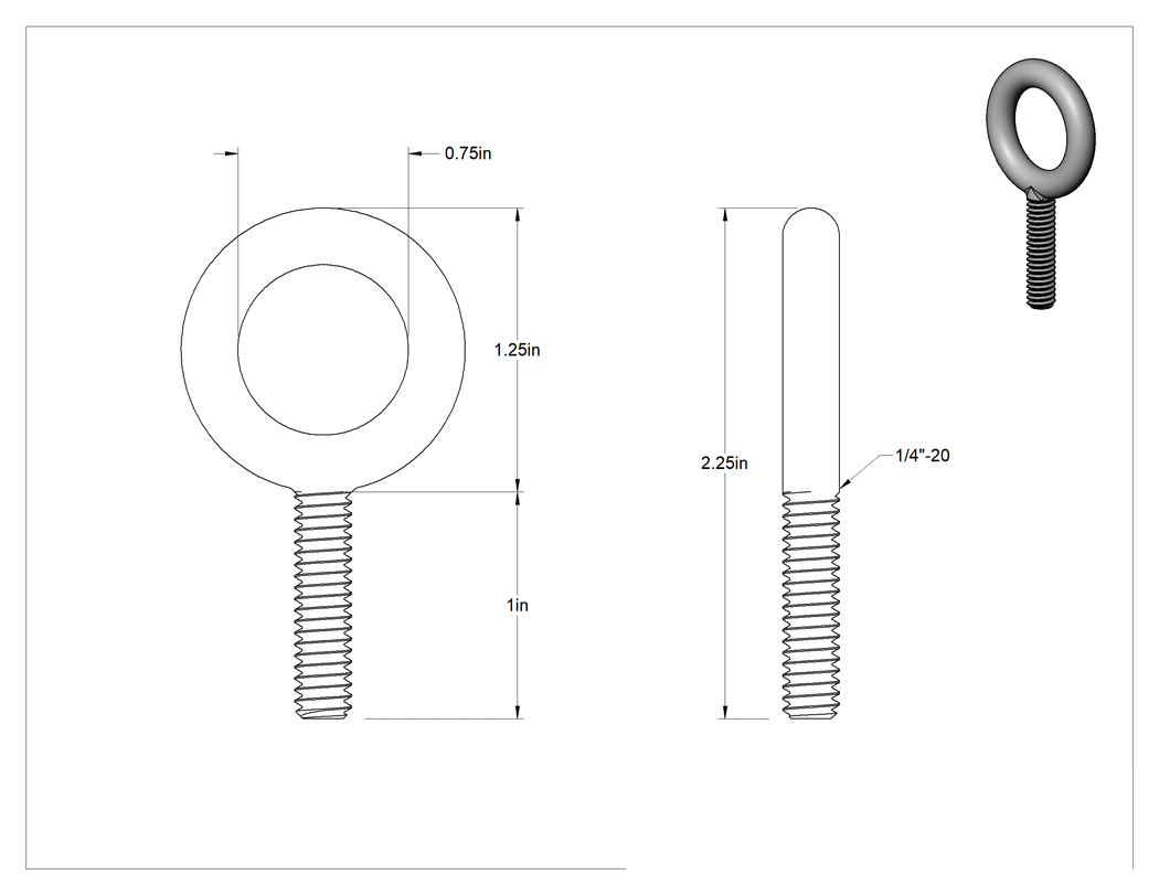 Teknik Çizim - Omuzsuz Çelik Halka Cıvata - Kaldırma için, Çinko Kaplamalı, 1/4"-20 Diş Boyutu, 1" Diş Uzunluğu