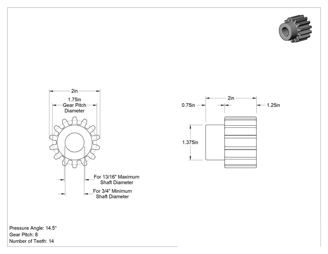 Teknik Çizim - Metal Dişli - 14-1/2 Derece Basınç Açısı, Yuvarlak/İşlenebilir Delik, 8 Adım, 14 Diş