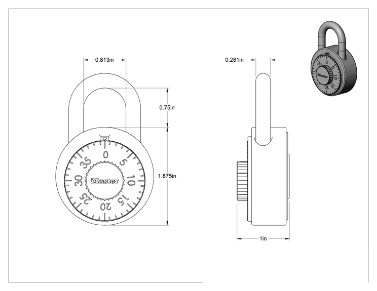 Teknik Çizim - Anahtar Kontrollü Şifreli Asma Kilit, Yeni Sistem için, Master Lock 1525, Fabrika Kayıtlı