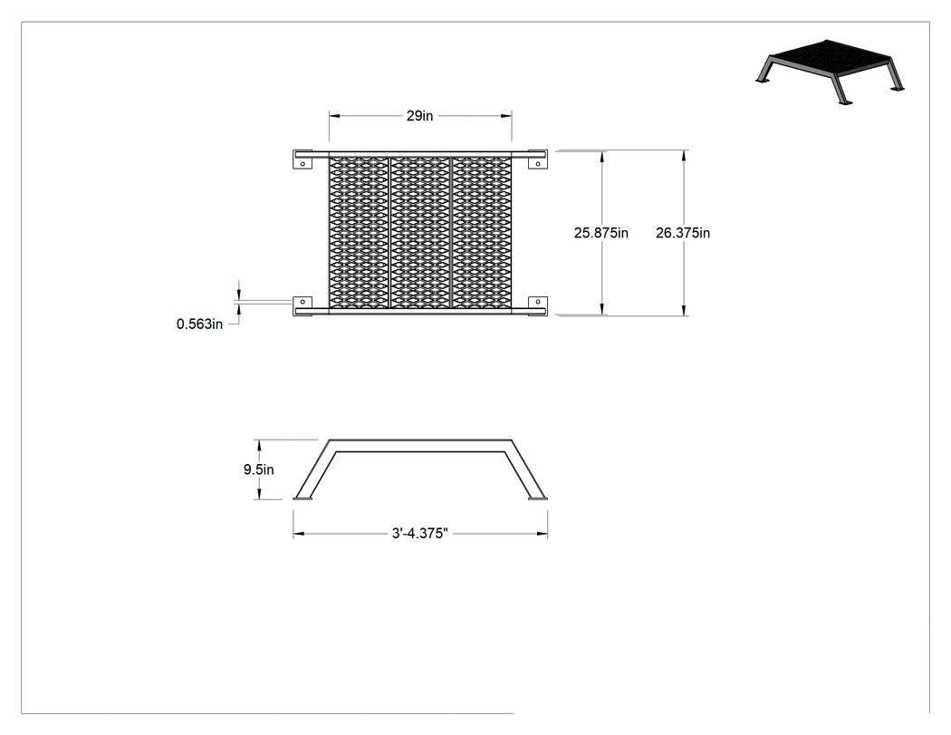 Teknik Çizim - Alçak Çapraz Merdivenler, Toz Boyalı Çelik, 9" Yükseklik x 26-1/2" Genişlik x 3'4" Yükseklik Toplam