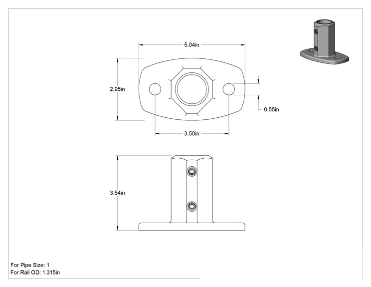 Teknik Çizim - Alüminyum Giydirme Bağlantı Parçası, 1-3/8" Ray Dış Çapı için Oval Flanşlı Ray Ucu