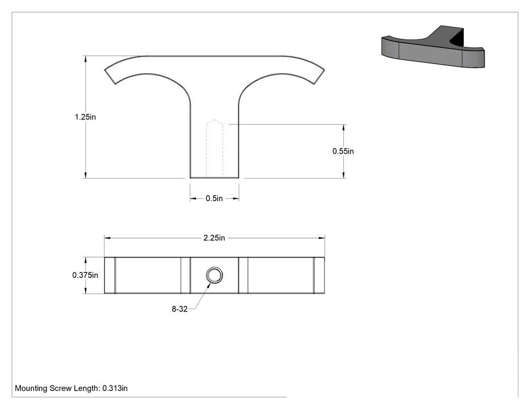 Teknik Çizim - Açık Uçlu Çekme Kolu, İki Kollu, 8-32 Diş, Eloksallı Alüminyum