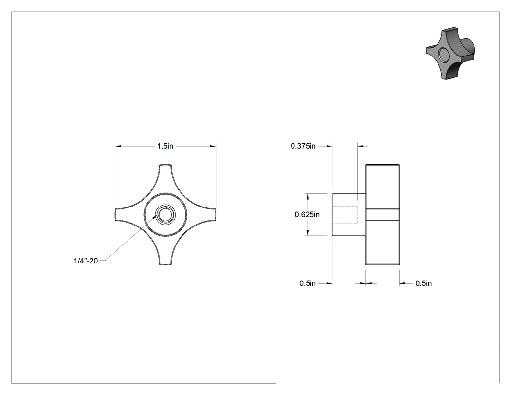 Teknik Çizim - Dört Kollu Tutma Yerli Düğme, Fenolik Plastik, 1/4"-20 Dişli Delik, 1-1/2" Çaplı Başlık