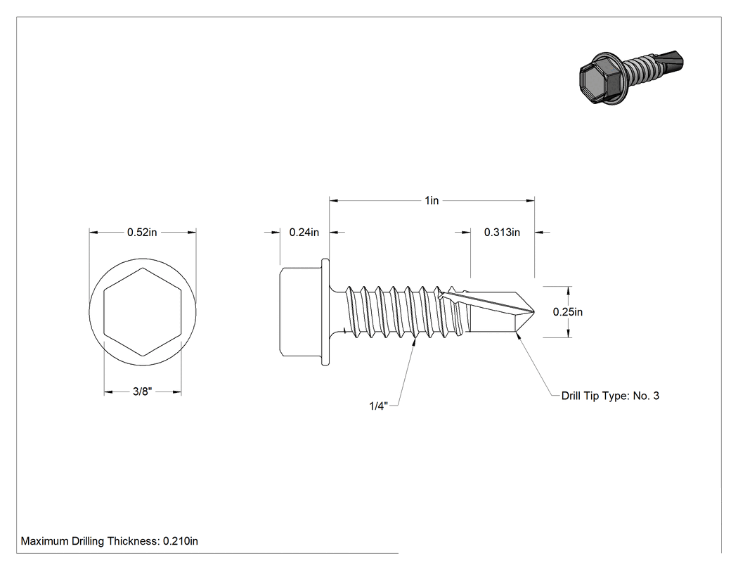 Teknik Çizim - Alüminyum için Flanşlı Altıköşe Başlı Delme Vidaları, Kaplamalı 18-8 Paslanmaz Çelik, 1/4" Boyut, 1" Uzunluk, 3 Numara Matkap Ucu