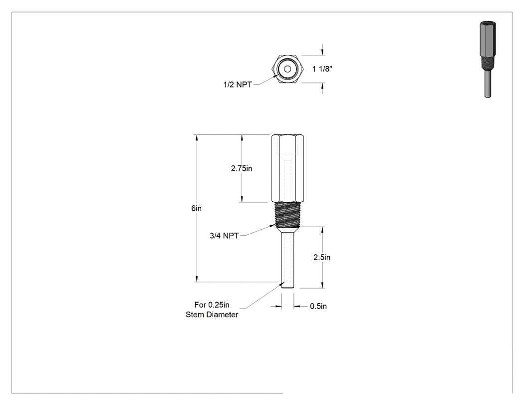 Teknik Çizim - Termovell, Yalıtımlı Tanklar için, 304 Paslanmaz Çelik, 6" sap uzunluğu için