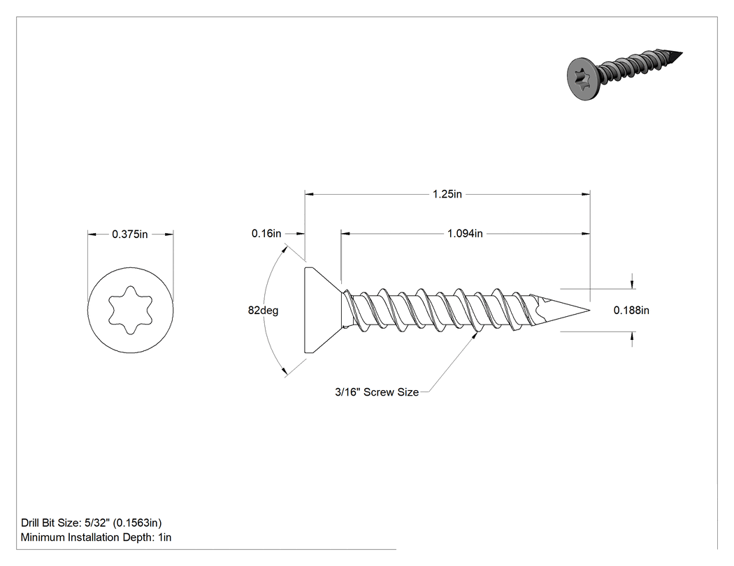 Teknik Çizim - Duvar ve Beton için Diş Açan Vida, Mavi Kaplamalı Çelik, Havşa Başlık, 3/16" Vida Boyutu, 1-1/4" Uzunluk