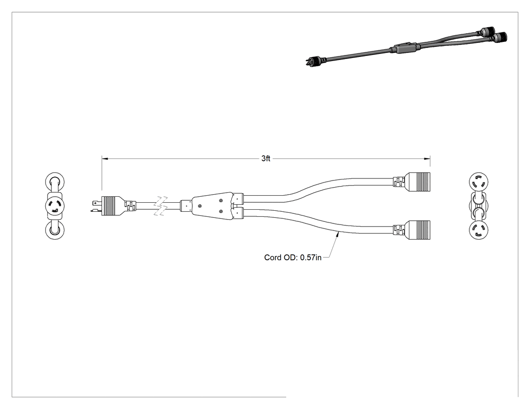 Teknik Çizim - Elektrik Kablosu Adaptörü, 2 Çıkışlı, NEMA L6-20 Fiş x NEMA L6-20 Priz