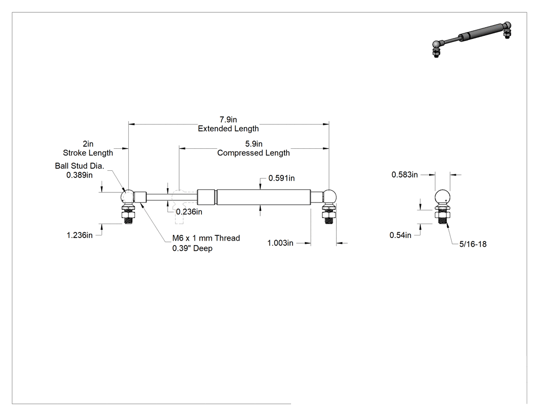 Teknik Çizim - Paslanma ve Aşınmaya Dayanıklı Lineer Hız Sınırlayıcı, Sıkıştırma, 2" Strok Uzunluğu, 7.9 inç Uzatılmış Uzunluk
