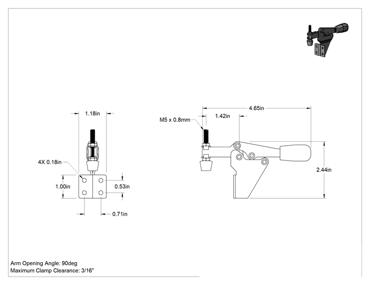 Teknik Çizim - Yan Montajlı Sabitleme Mandal Kelepçesi, Çelik, 200 lbs. Kapasite, 3/16" Maksimum Sıkıştırma Boşluğu