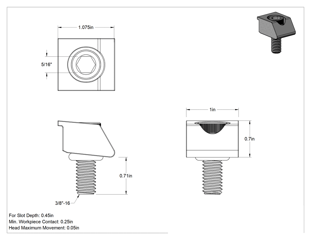 Teknik Çizim - İşlenebilir Düşük Profilli Fikstür Kelepçesi, 1" Uzunluk x 1" Genişlik x 0.700" Yükseklik Başlık