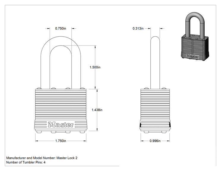 Teknik Çizim - Lamine Pirinç Gövdeli Hava Koşullarına Dayanıklı Asma Kilit, Master Lock 2 Aynı Anahtarlı, 1-1/2" Dikey Boşluklu