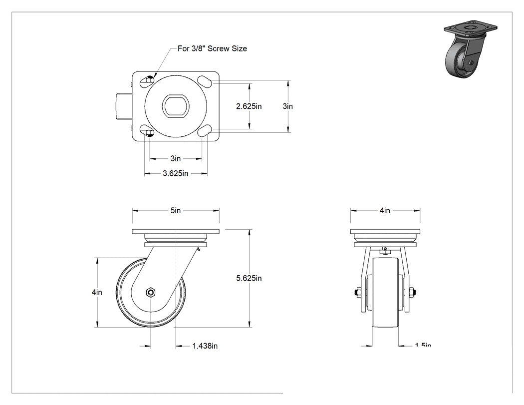 Teknik Çizim - 5" x 4" Montaj Plakalı Yüksek Kapasiteli Spartan Tekerlek, 4" Çaplı Çelik Tekerlekli Döner Tekerlek