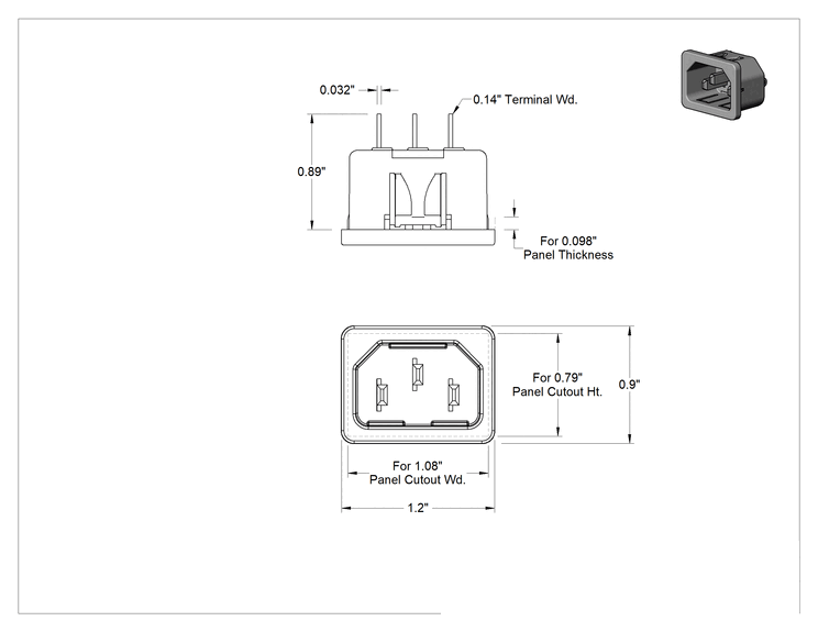 Teknik Çizim - IEC Konektör, Çıtçıtlı Erkek, Tırnaklı Terminal, C14, 0.098" Panel Kalınlığı