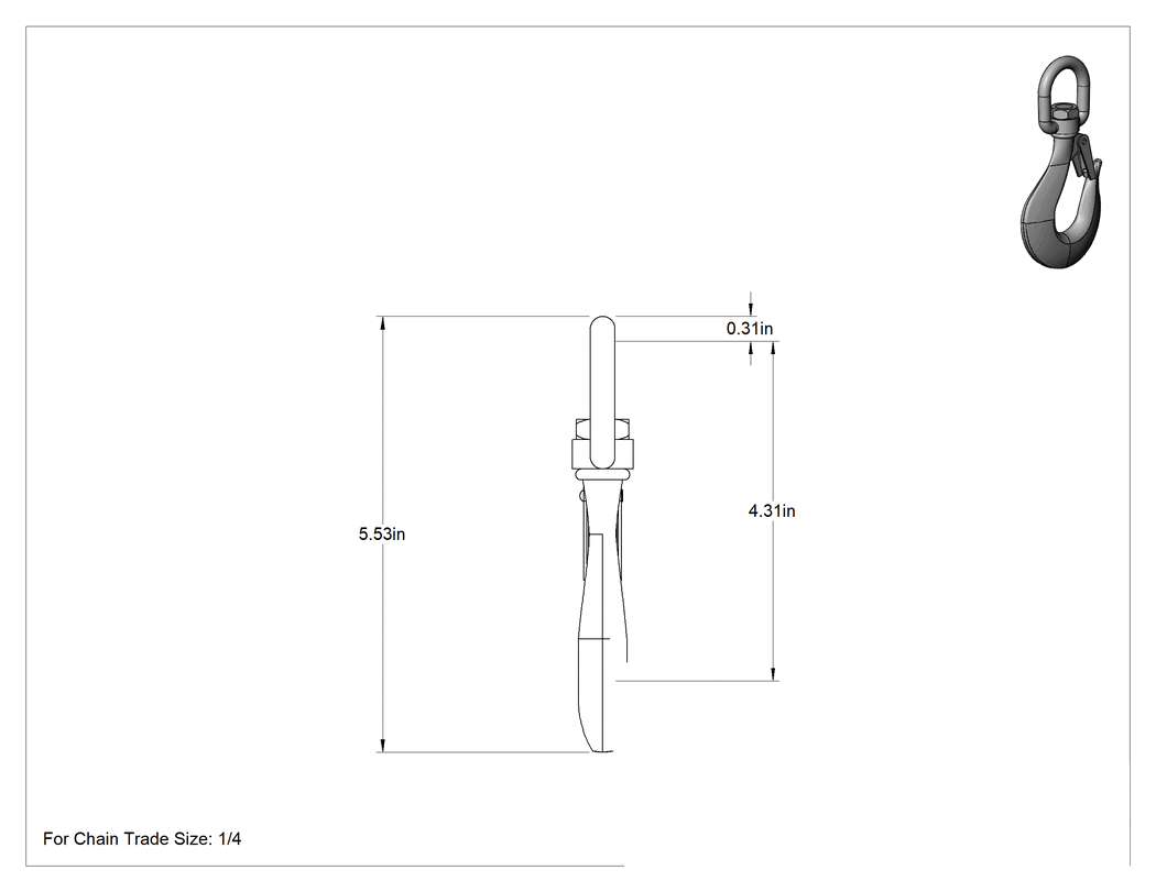 Teknik Çizim - 316 Paslanmaz Çelik Döner Göz Kancası - Kaldırma Amaçlı Değildir, 1/4 Zincir Anma Ölçüsü için