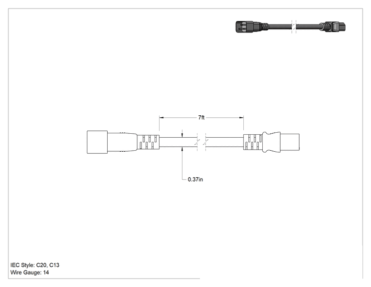 Teknik Çizim - Elektronik Ekipman Güç Kablosu, IEC C20 Fiş x IEC C13 Priz, 14 AWG, 7 Fit Uzunluğunda