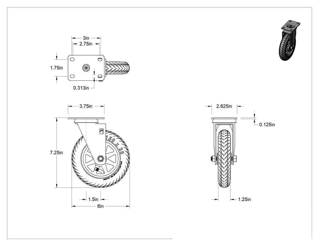 Teknik Çizim - 3-3/4" x 2-5/8" Montaj Plakalı Tekerlek, 6 inç Çapında Siyah Pnömatik Kauçuk Tekerlekli Döner Tekerlekli Sandalye