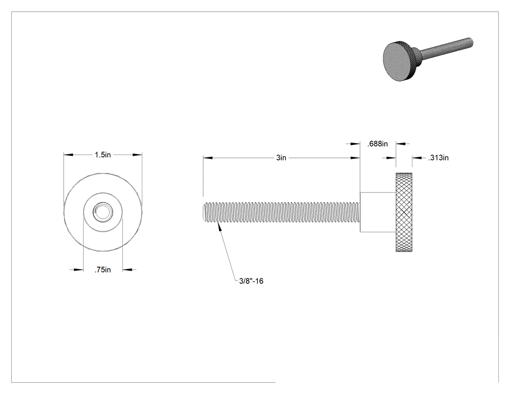 Teknik Çizim - Pirinç Topuz, 3/8"-16 Dişli 3" Uzunlukta Saplama, 1-1/2" Başlık Çapı