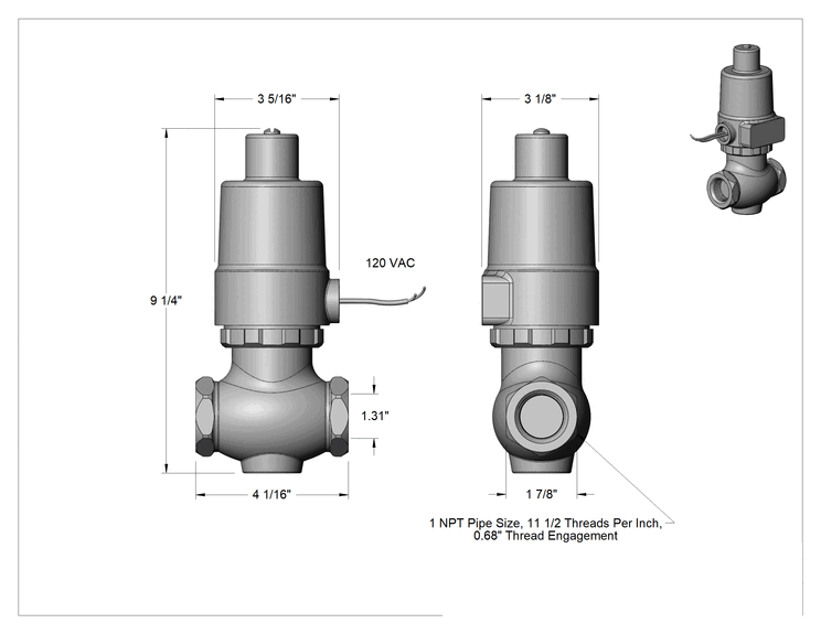 Teknik Çizim - Buna-N Contalı Bronz Solenoid Açma/Kapama Vanası, Normalde Açık, 120V AC, 1 NPT Dişi