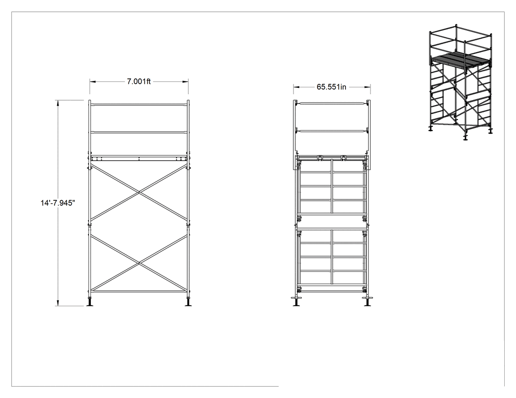 Teknik Çizim - İskele Kulesi, Dengeleme Ayaklı, 7 Fit Toplam Uzunluk