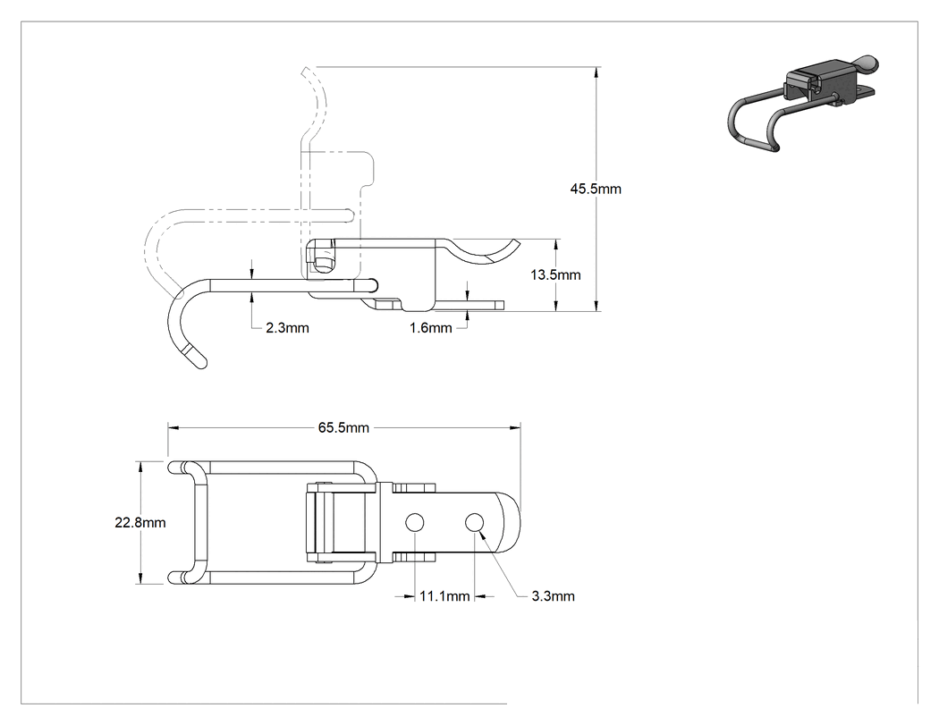Teknik Çizim - Çekme Mandalı, Çakmasız, Çinko Kaplı Çelik, 2-7/16" Uzunluk x 7/8" Genişlik