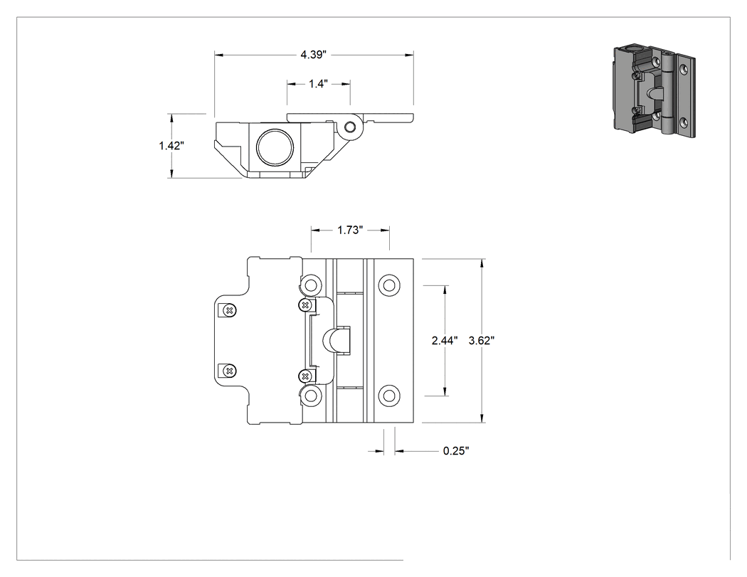 Teknik Çizim - Menteşe Tetiklemeli Emniyet Anahtarı, 1 Kapalı ve 2 Açık, Alüminyum Menteşe, 44 mm Delik Merkezden Merkeze Genişlik