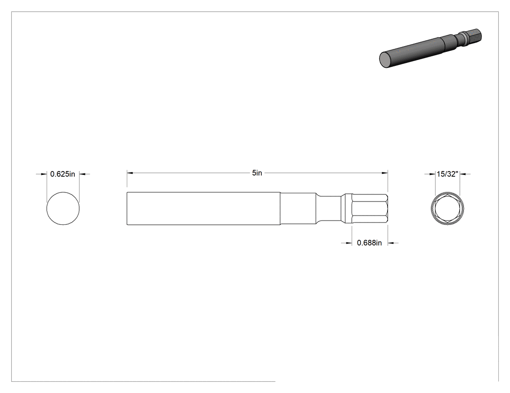 Teknik Çizim - Hızlı Değiştirilebilir Keski Çekiçleri için Keski Ucu, 15/32" Altıgen Şaft, 5/8" Genişlik, Boş Bıçak, 5" Toplam Uzunluk